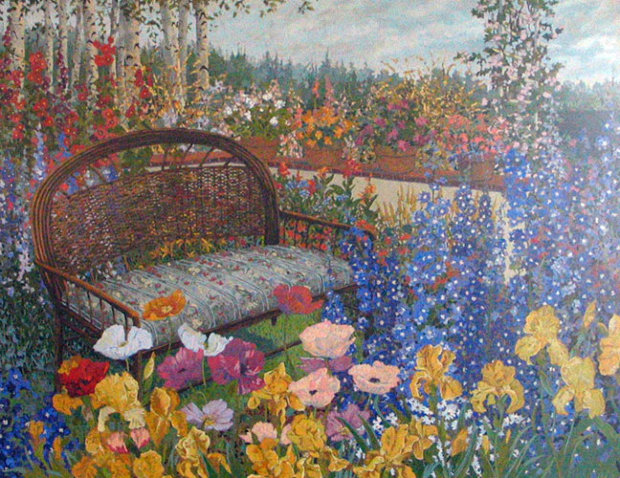 Peacocks and Flowers 1986 by John Powell